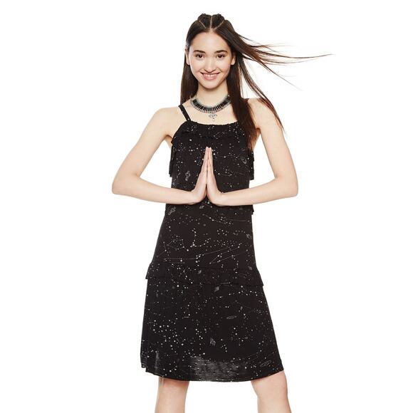 Desigual Cassius Dress Womens Large Black Constellation Ruffle Sleeveless Mini - Picture 1 of 12